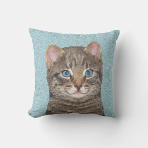 Grey Tabby Cat Painting - Cute Original Cat Art Cushion