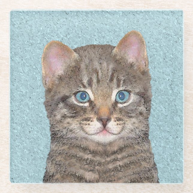 Grey Tabby Cat Painting - Cute Original Cat Art Glass Coaster (Front)