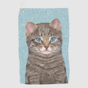Grey Tabby Cat Painting - Cute Original Cat Art Golf Towel
