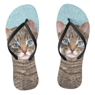 Grey Tabby Cat Painting - Cute Original Cat Art Jandals