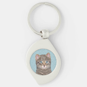 Grey Tabby Cat Painting - Cute Original Cat Art Key Ring