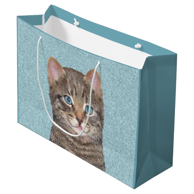 Grey Tabby Cat Painting - Cute Original Cat Art Large Gift Bag (Front Angled)
