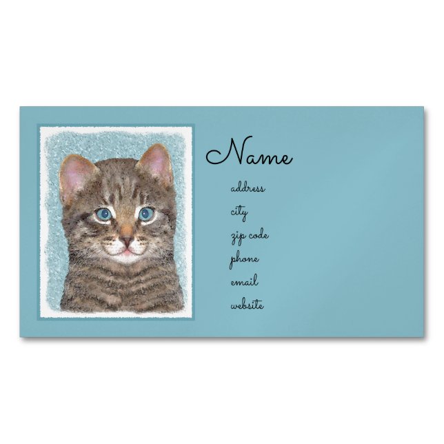 Grey Tabby Cat Painting - Cute Original Cat Art Magnetic Business Card (Front)