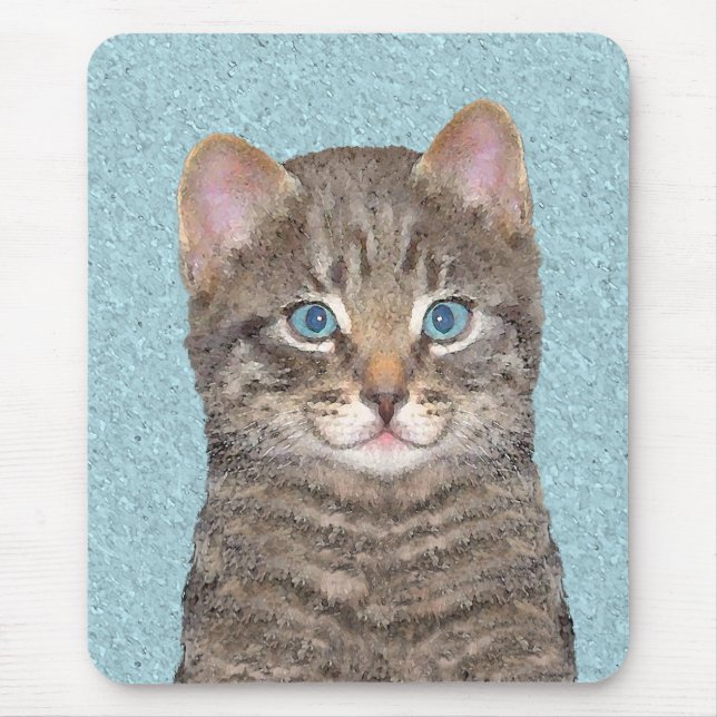 Grey Tabby Cat Painting - Cute Original Cat Art Mouse Pad (Front)