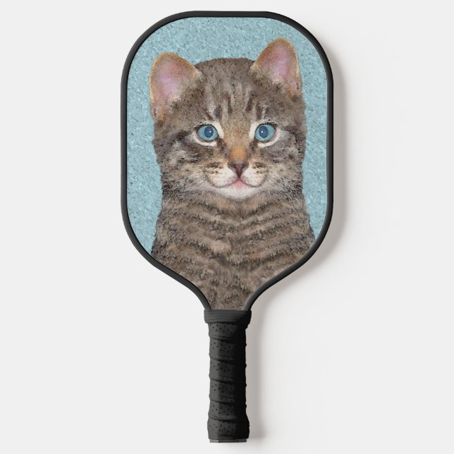 Grey Tabby Cat Painting - Cute Original Cat Art Pickleball Paddle (Front)