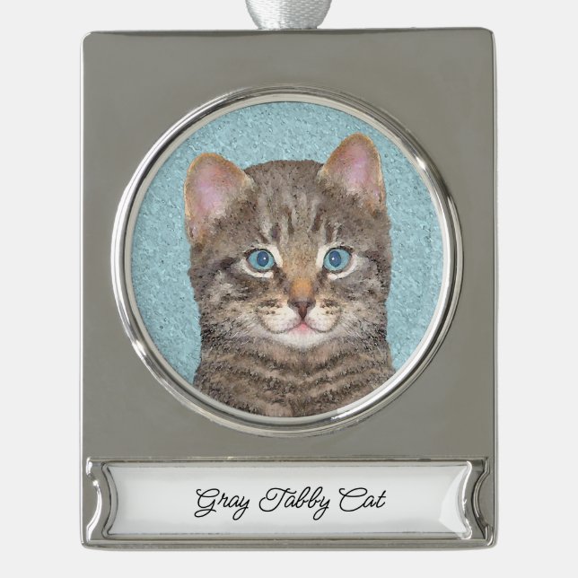 Grey Tabby Cat Painting - Cute Original Cat Art Silver Plated Banner Ornament (Front)