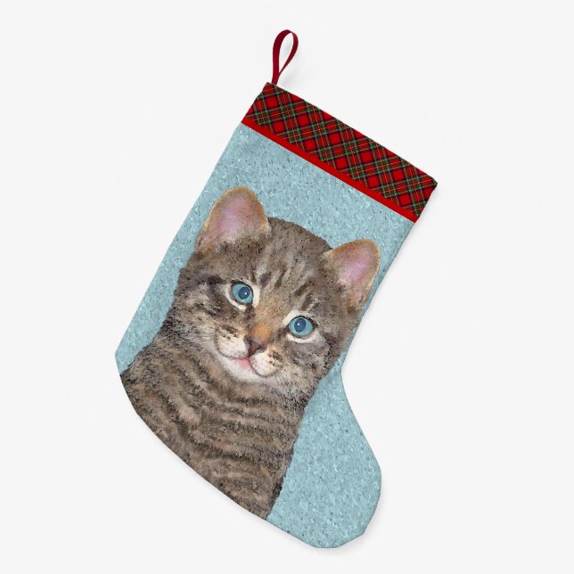 Grey Tabby Cat Painting - Cute Original Cat Art Small Christmas Stocking (Front (Hanging))