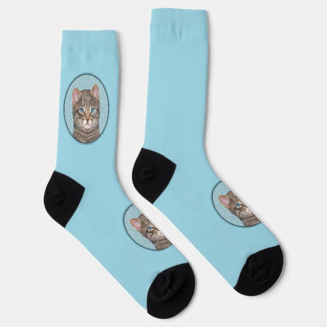 Grey Tabby Cat Painting - Cute Original Cat Art Socks (Right)