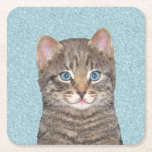 Grey Tabby Cat Painting - Cute Original Cat Art Square Paper Coaster