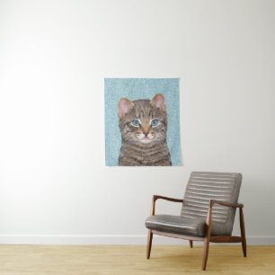 Grey Tabby Cat Painting - Cute Original Cat Art Tapestry