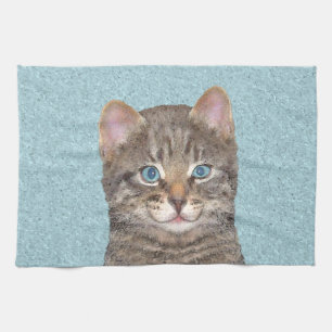 Grey Tabby Cat Painting - Cute Original Cat Art Tea Towel
