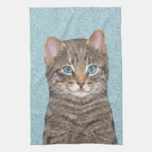 Grey Tabby Cat Painting - Cute Original Cat Art Tea Towel