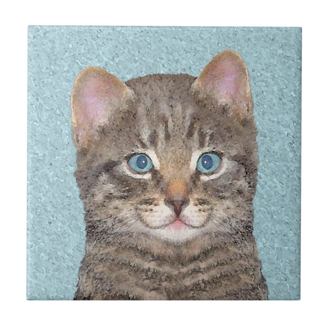 Grey Tabby Cat Painting - Cute Original Cat Art Tile (Front)