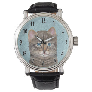 Grey Tabby Cat Painting - Cute Original Cat Art Watch