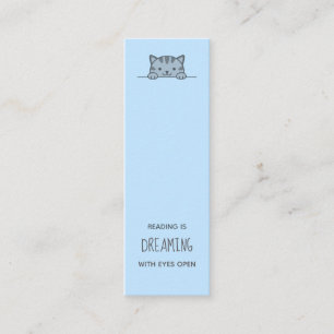 Grey Tabby Cat Peeking above Bookmark Blue Mini Business Card
