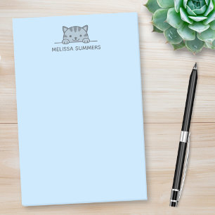 Grey Tabby Cat Peeking above Custom Name Blue Post-it Notes