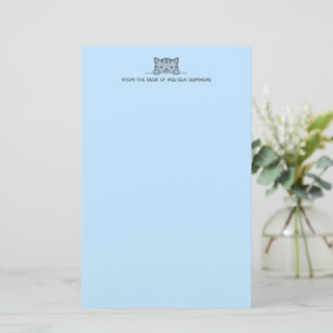 Grey Tabby Cat Peeking above Custom Text Blue Stationery