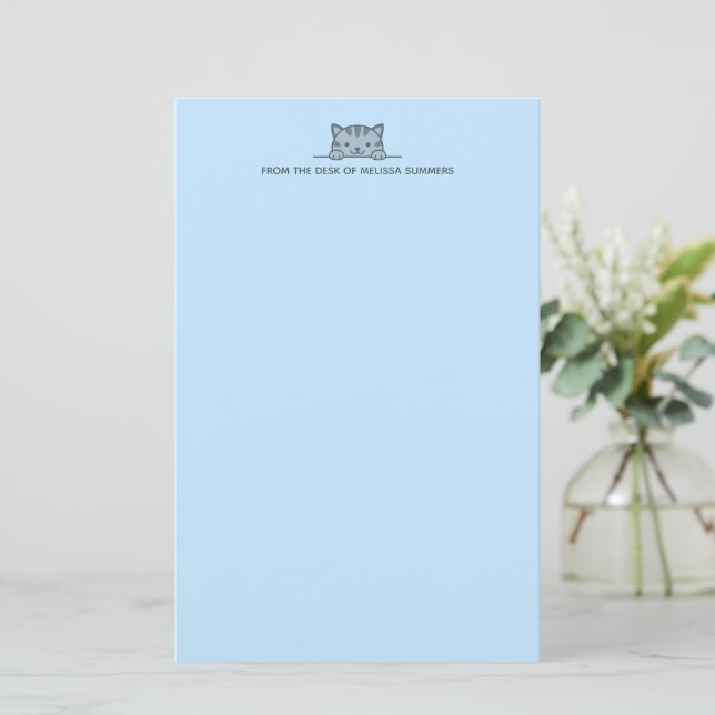 Grey Tabby Cat Peeking above Custom Text Blue Stationery (Standing Front)