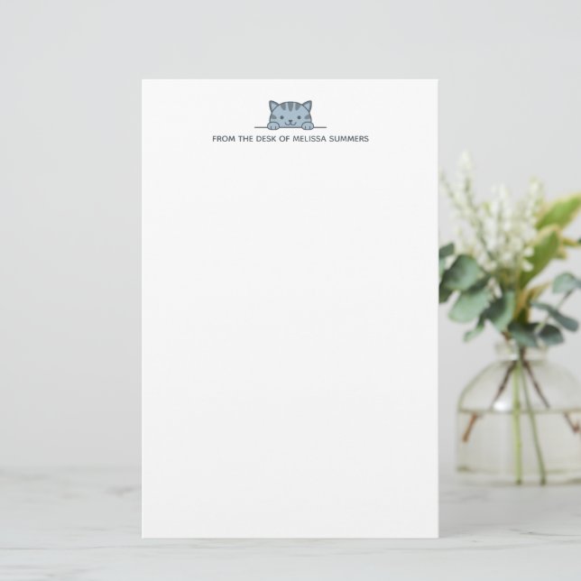 Grey Tabby Cat Peeking above Custom Text Stationery (Standing Front)