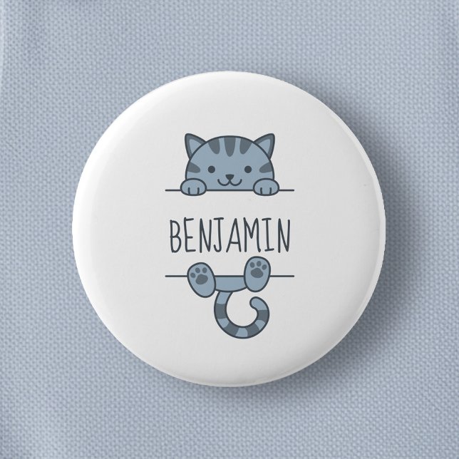 Grey Tabby Cat Peeking behind Custom Name 6 Cm Round Badge (Creator Uploaded)
