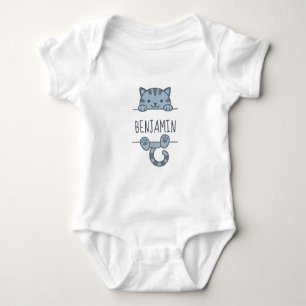 Grey Tabby Cat Peeking behind Custom Name Baby Bodysuit