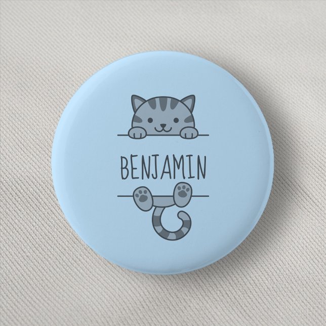 Grey Tabby Cat Peeking behind Custom Name Blue 6 Cm Round Badge (Creator Uploaded)