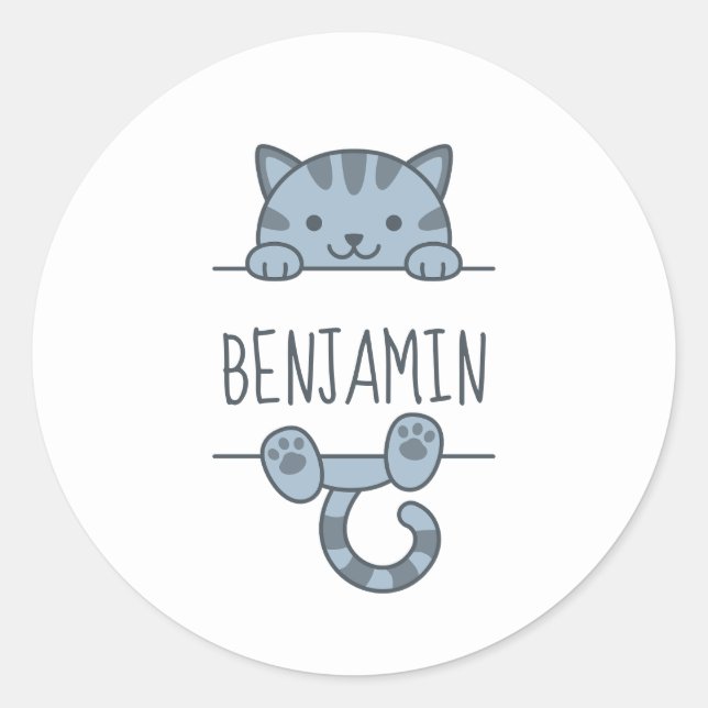 Grey Tabby Cat Peeking behind Custom Name Classic Round Sticker (Front)