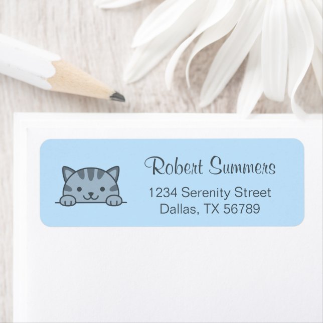 Grey Tabby Cat Pet Return Address Blue (Insitu)