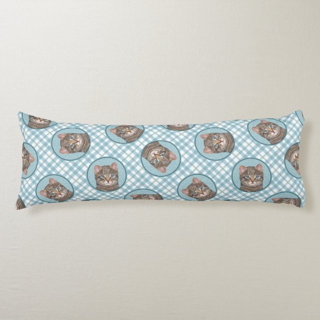 Grey Tabby Cat Portrait Painting Cute Original Art Body Cushion (Front)