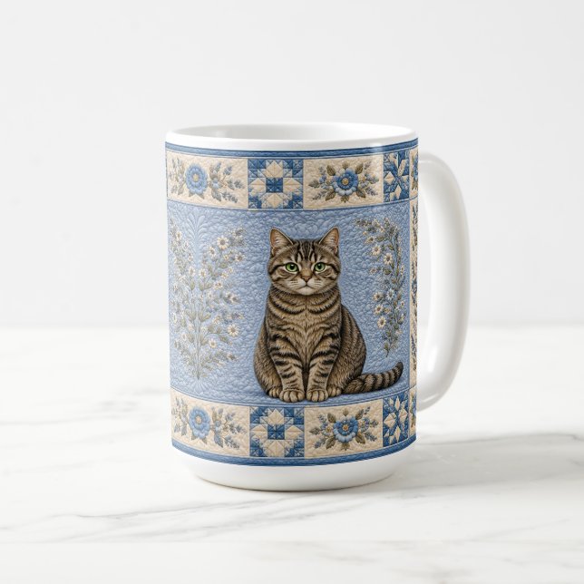 Grey Tabby Cat Quilt Coffee Mug (Front Right)