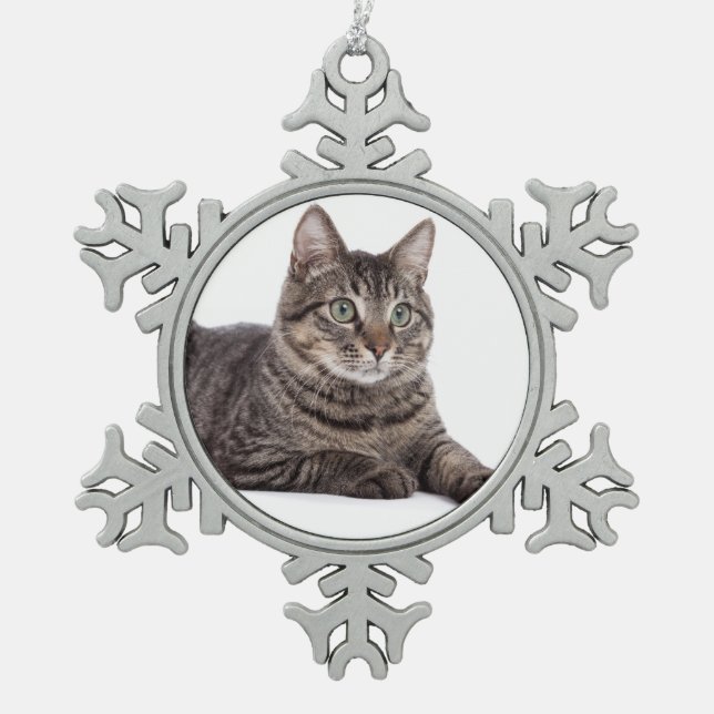 Grey Tabby Cat Snowflake Pewter Christmas Ornament (Front)