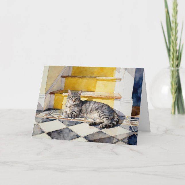 Grey Tabby Cat Study A In Watercolors Card (Front)