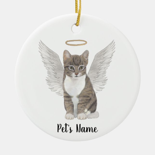 Grey Tabby Cat Sympathy Memorial  Ceramic Tree Decoration (Front)