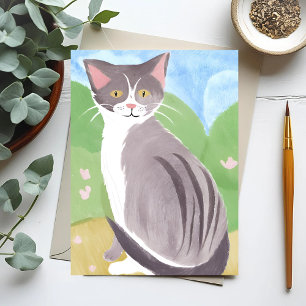 Grey Tabby Cat   Watercolor Painting Postcard