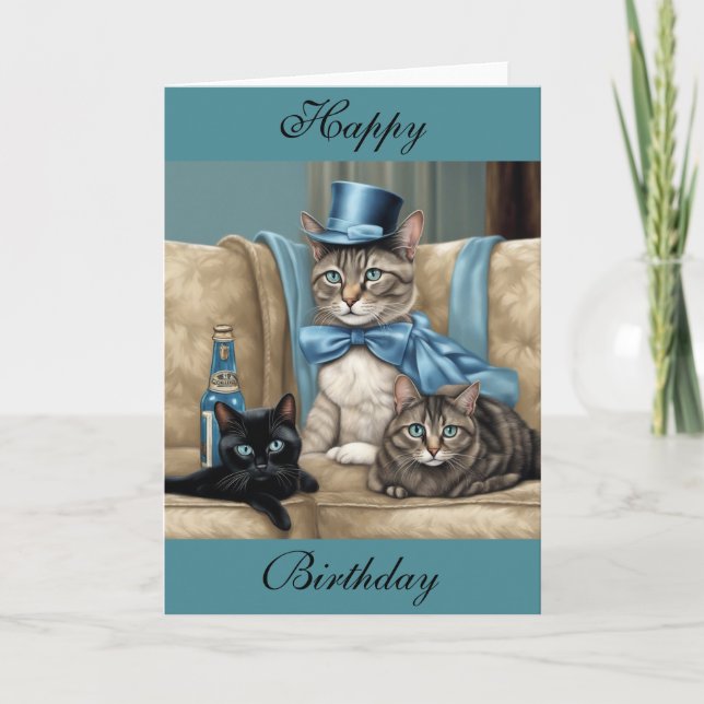 Grey tabby cat with a cape and top hat birthday card (Front)