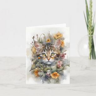 Grey Tabby Cat with Flowers Blank Greeting Card