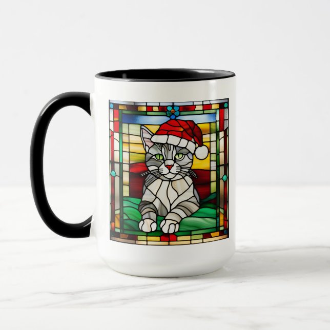 Grey Tabby Christmas Stained Glass Mug (Left)