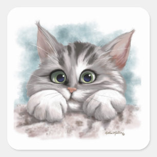 Grey Tabby Kitten Cartoon Square Sticker