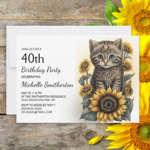 Grey Tabby Kitten Cat Sunflowers 40th Birthday Invitation