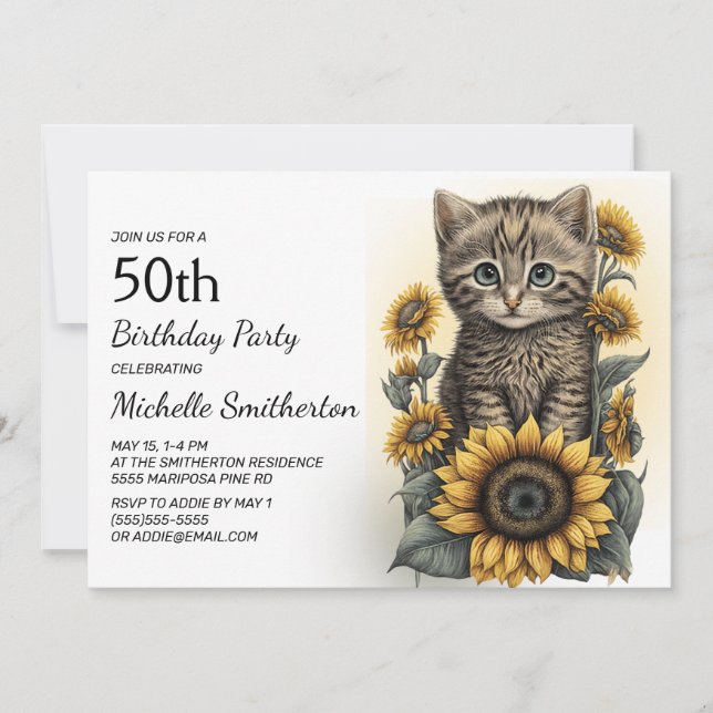 Grey Tabby Kitten Cat Sunflowers 50th Birthday Invitation (Front)