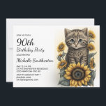 Grey Tabby Kitten Cat Sunflowers 90th Birthday Invitation<br><div class="desc">Cute grey tabby cat/kitten with sunflowers 90th birthday party invitation for women. This card can be designed for anyone of any age. Contact me for assistance with your customisation or to request additional matching or coordinating products for your celebration.</div>