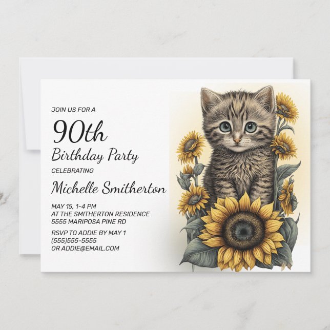 Grey Tabby Kitten Cat Sunflowers 90th Birthday Invitation (Front)