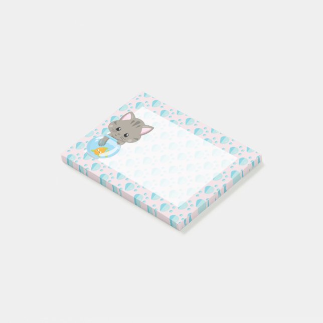 Grey Tabby Kitten with Fish Bowl Post-it Notes (Angled)
