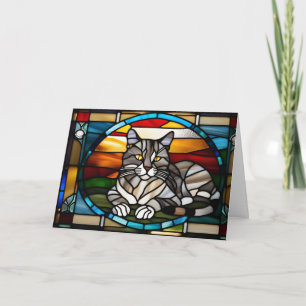 Grey Tabby Stained Glass Card