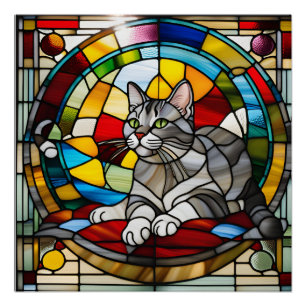 Grey Tabby Stained Glass Poster