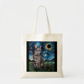 Grey Tabby Tiger Cat Starry Night Moon and Stars A Tote Bag