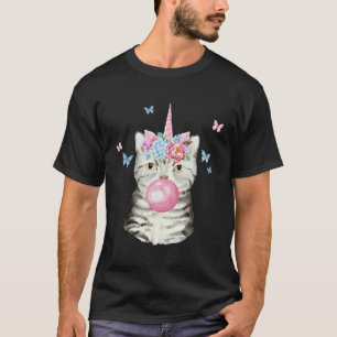 Grey Tabby Tiger Cat With Bubblegum Unicorn Happy  T-Shirt