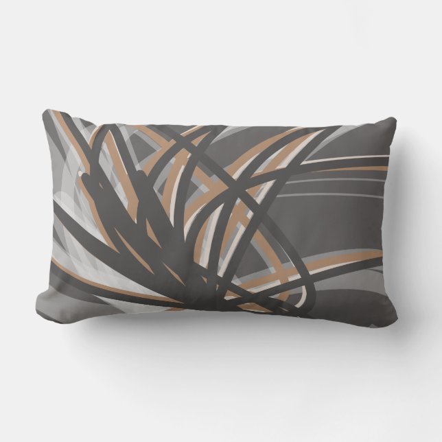 Grey & Tan Artistic Abstract Ribbons Lumbar Cushion (Front)
