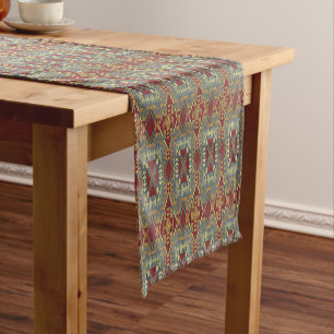 Grey Tan Brown Ochre Ivory Red Tribal Art Pattern Short Table Runner