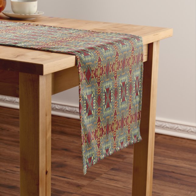 Grey Tan Brown Ochre Ivory Red Tribal Art Pattern Short Table Runner (In Situ)